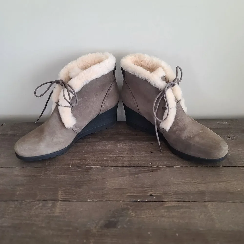 UGG Jeovana Boots Gray Suede Waterproof 1017421 Wedge Lace Up Booties Size 8.5